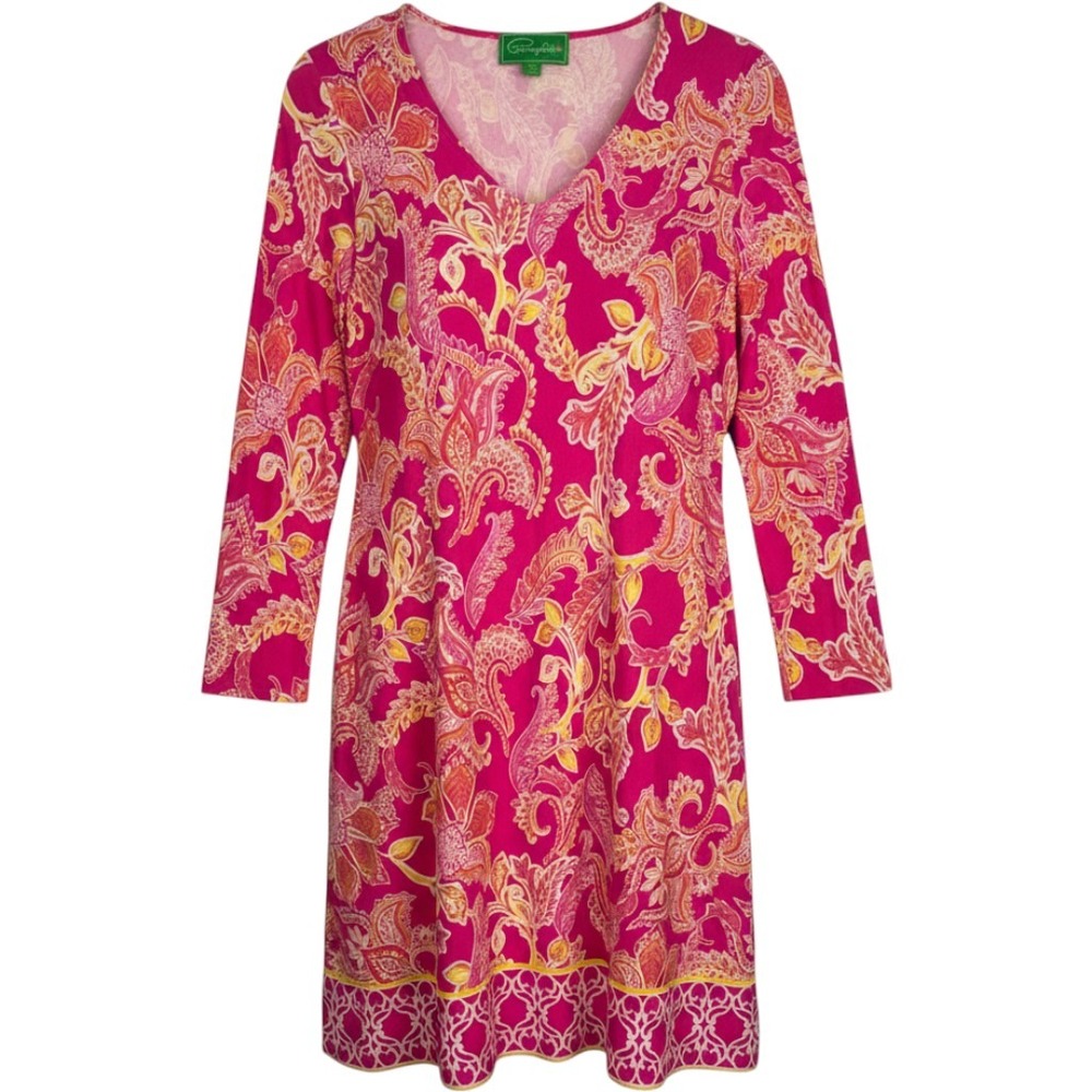 Pappagallo Paisley Floral Shift Dress Medium Pink Multi V-Neck 3/4 Sleeve